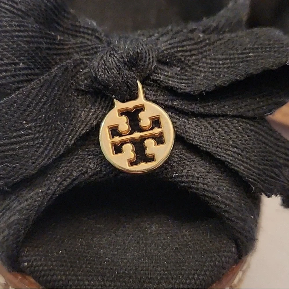 Tory Burch Black Canvas Jackie Bow Espadrille Wedge Pumps
